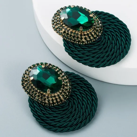 Big Rhinestone and Cord Earrings, Green/Emerald colour - Picture 7 of 7